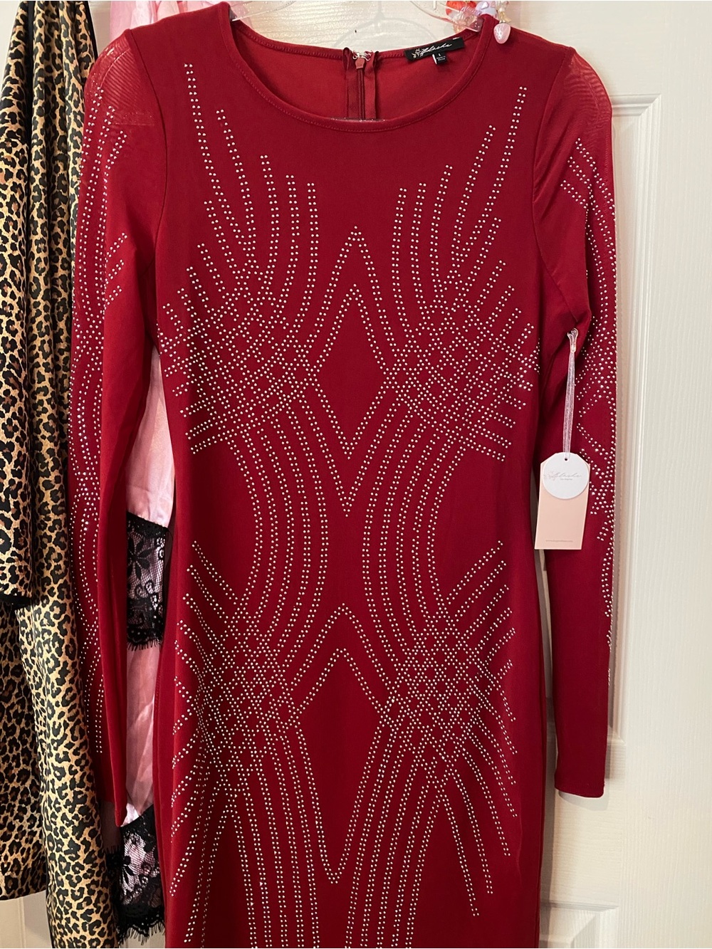 B Darlin Red Long-Sleeve Studded Bodycon Dress